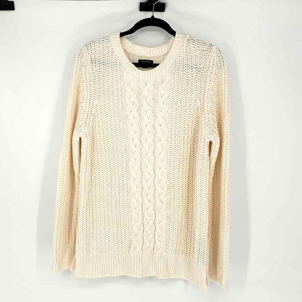 Nautica Women's Cream Cotton-Blend Cable-Knit Crew Neck Sweater - Size XXL